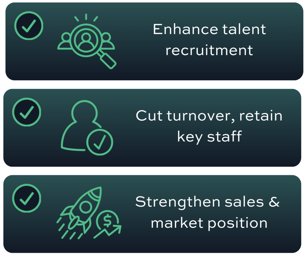 Enhance talent recruitment, cut turnover, retain key staff, Strengthen sales & market position